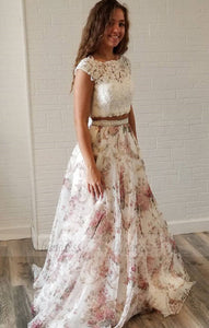 Unique Two Piece White Lace and Floral Print Long Party Dress,BD98703