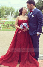 Charming A-Line Sweetheart Red Split Tulle Long Evening/Wedding Dress with Lace