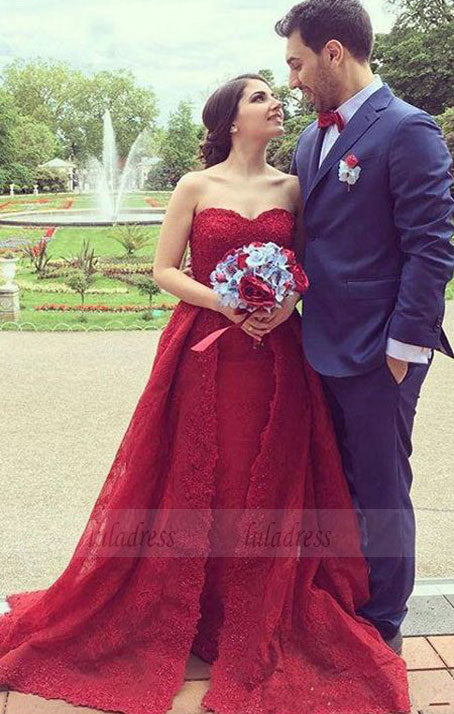 Charming A-Line Sweetheart Red Split Tulle Long Evening/Wedding Dress with Lace
