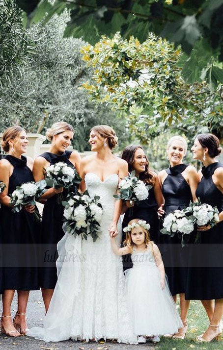 Cross V-Neck Bridesmaid Dresses, Mid-Calf Short Black Bridesmaid Dress – luladress