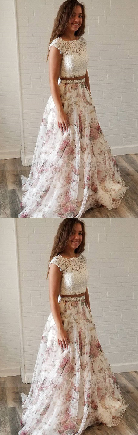 Unique Two Piece White Lace and Floral Print Long Party Dress