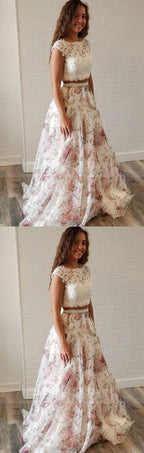 Unique Two Piece White Lace and Floral Print Long Party Dress