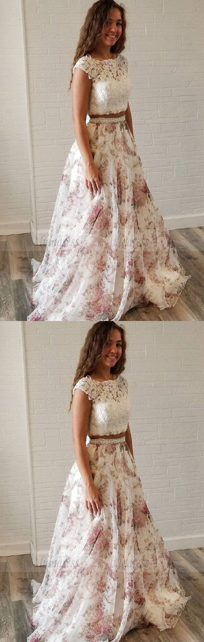 Unique Two Piece White Lace and Floral Print Long Party Dress