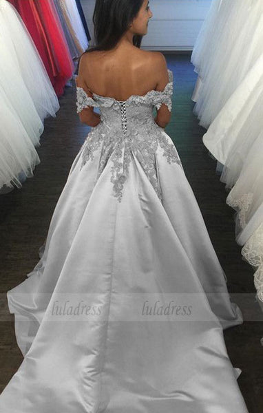 Silver Wedding Dresses Ball Gowns Lace Flowered Beaded Off The Shoulder, BD98330