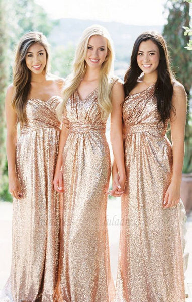 Sweetheart Rose Gold Bridesmaid Dress, Sparkly Sequin Bridesmaid Dress, Mismatched Long Bridesmaid Dresses,BD98112