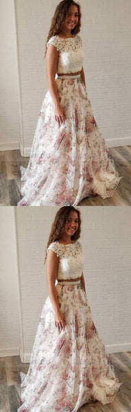 Unique Two Piece White Lace and Floral Print Long Party Dress,BD98703