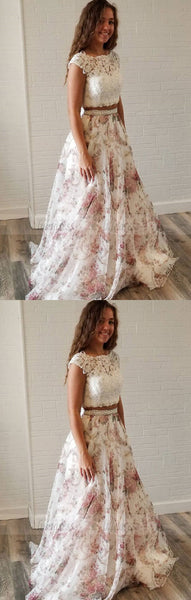 Unique Two Piece White Lace and Floral Print Long Party Dress,BD98703