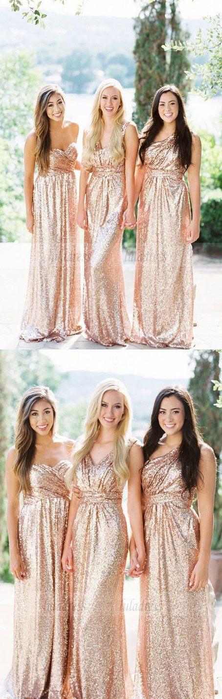 Sweetheart Rose Gold Bridesmaid Dress, Sparkly Sequin Bridesmaid Dress, Mismatched Long Bridesmaid Dresses