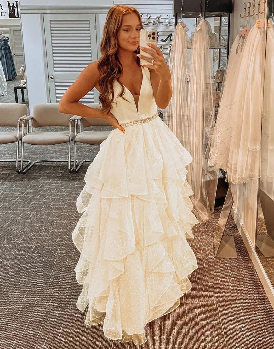 A-Line Tiered Ruffles Light Yellow Tulle Prom Dresses,BD930661 luladress A-Line Tiered Ruffles Light Yellow Tulle Prom Dresses,BD930661 luladress