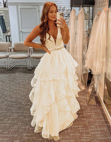 A-Line Tiered Ruffles Light Yellow Tulle Prom Dresses,BD930661
