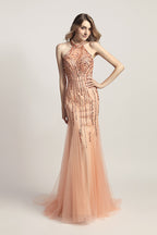 Elegant Halter Beaded Long Evening Prom Dress