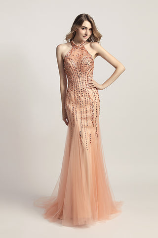Elegant Halter Beaded Long Evening Prom Dress, LX437