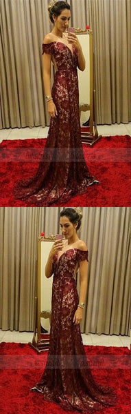 chic burgundy lace mermaid prom dresses, elegant off the shoulder evening gowns, unique sweep train party dresses ,BD98750