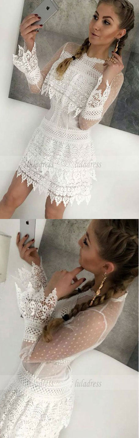 Sheath Crew Long Sleeves Short White Lace Homecoming Dress