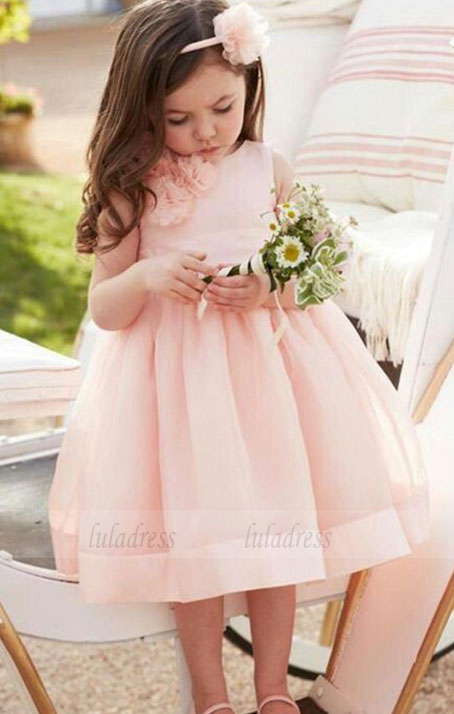 Pink Flower Girl's Dresses for Weddings Jewel Neck Princess Organza Tea Length Girls Pageant Communion Dresses