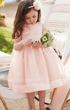 Pink Flower Girl's Dresses for Weddings Jewel Neck Princess Organza Tea Length Girls Pageant Communion Dresses