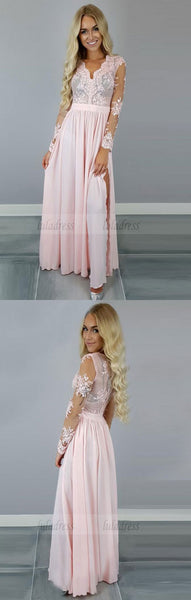 A-Line V-Neck Long Sleeves Pink Chiffon Prom Dress with Appliques,BD99815