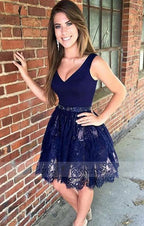 A-Line Off-the-Shoulder Above-Knee Lace Homecoming Dress with Beading