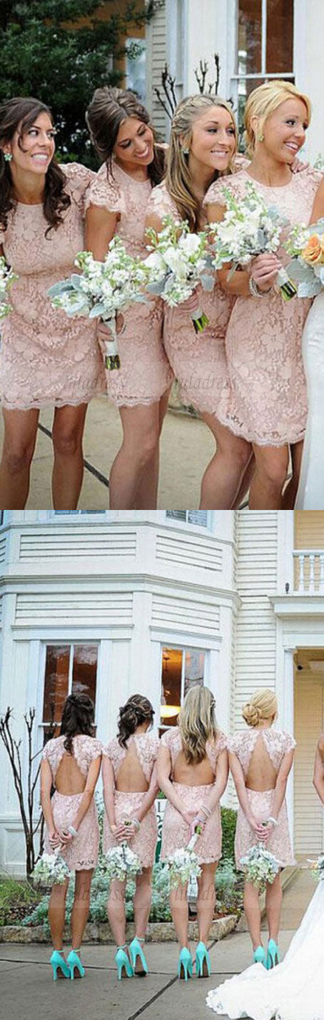 Sheath Crew Short Cap Sleeves Lace Bridesmaid Dress