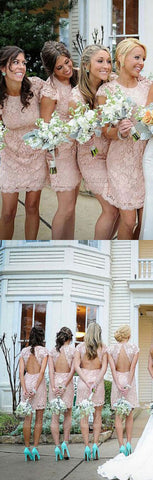Sheath Crew Short Cap Sleeves Lace Bridesmaid Dress