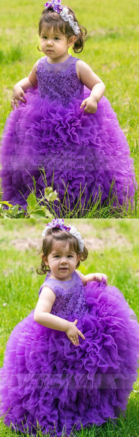 Dramatic Jewel Sleeveless Floor-Length Ball Gown Organza Purple Flower Girl Dress with Appliques