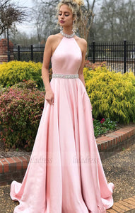 Elegant Beaded Pink Long Prom Dress with Open Back,BD98541