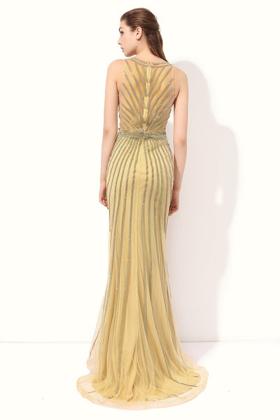Luxury Gold Sparkle Beaded Long Mermaid Evening Dress, BS37