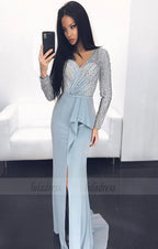 long sleeves sequins and beaded slit prom dress