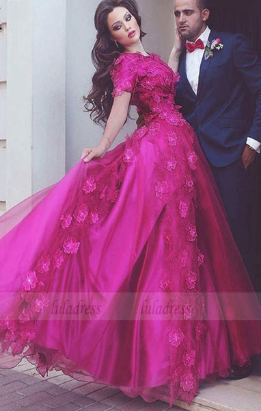 Dramatic A-Line Jewel Rose Red Tulle Long Evening/Prom/Wedding Dress with Appliques,BD98190