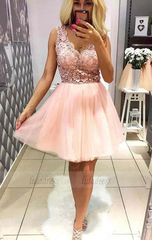 Lace Homecoming Dresses,Pink Homecoming Dresses,Short Prom Dresses,Girls Party Dress,BD98443