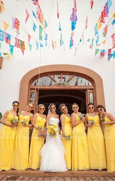Sweetheart Yellow Chiffon Bridesmaid Dresses, Long Bridesmaid Dresses, Modest Bridesmaid Dresses