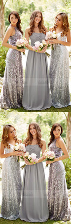 Strapless Grey Bridesmaid Dresses, Long Bling Bridesmaid Dresses, Sparkly Bridesmaid Dresses