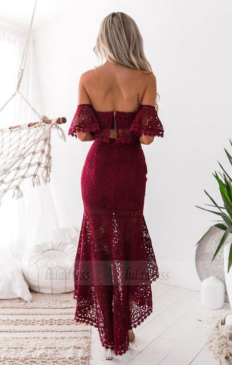 off the shoulder prom dresses, unique two piece high low lace party dresses