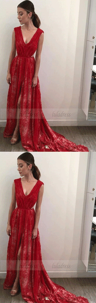 Lace Long Front-Split V-Neck Sleeveless Red Sexy Evening Dress,BD99978