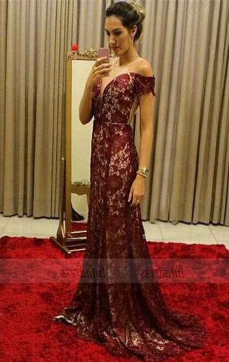 chic burgundy lace mermaid prom dresses, elegant off the shoulder evening gowns, unique sweep train party dresses