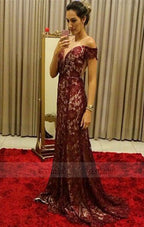 chic burgundy lace mermaid prom dresses, elegant off the shoulder evening gowns, unique sweep train party dresses