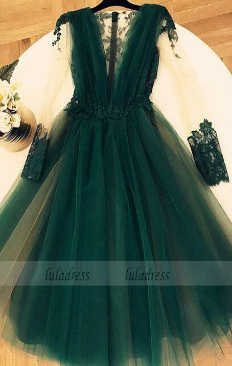 Cute A-line V-neck Tulle Long Sleeves Homecoming Dress Lace Appliques Prom Dress