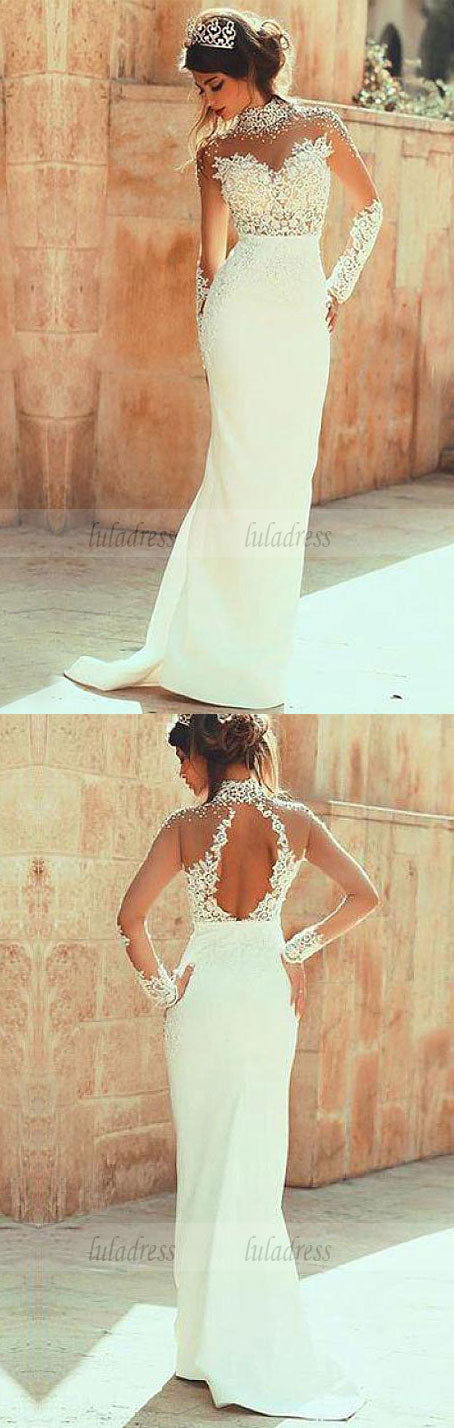 Beaded Lace Appliques Wedding Dress,Mermaid Wedding Dresses,Long Bridal Dresses