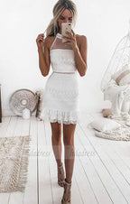 Sleeveless Short White Lace Homecoming Cocktail Dress