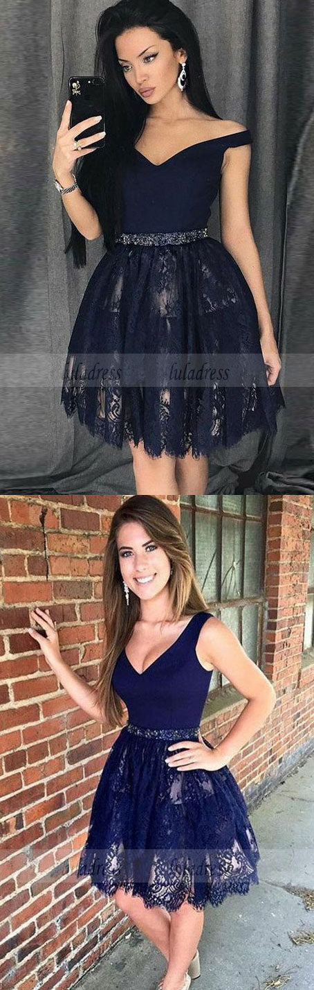 A-Line Off-the-Shoulder Above-Knee Lace Homecoming Dress with Beading