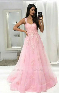 tulle long halter prom dress with appliques,BD99050