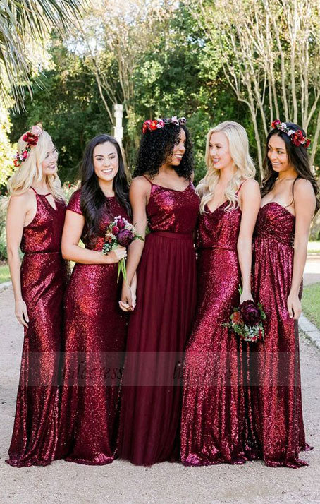 Mismatched Burgundy Bridesmaid Dresses, Sequin Bridesmaid Dresses, Long Bridesmaid Dresses Sequined,BD98108