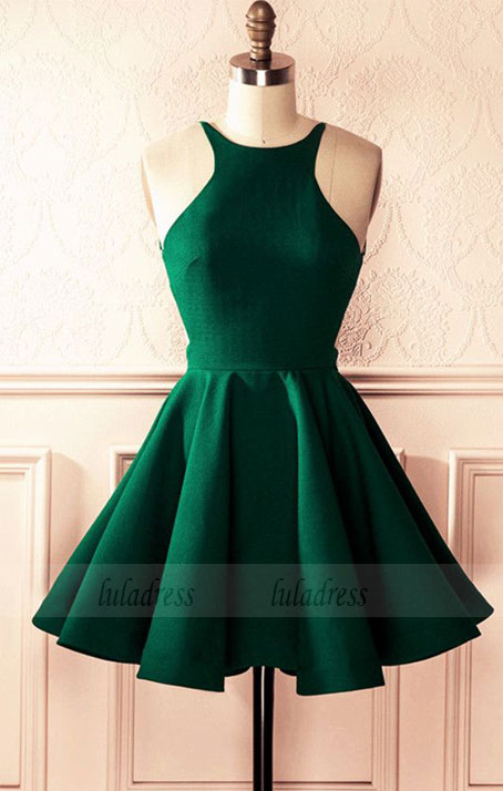Emerald Green Satin A-line Halter Top Open Back Homecoming Dresses Short Prom Cocktail Dress