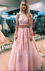 two piece  long prom dress,high neck long prom dress with open back,BD98701