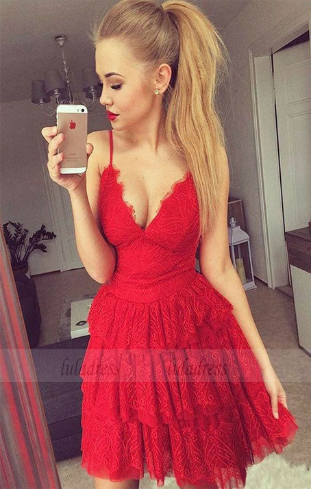 V-Neck Prom Dress,Red Homecoming Dresses,Tiered Prom Dress,Lace Homecoming Dress,Short Homecoming Dress