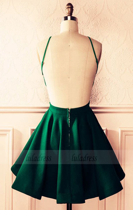 Emerald Green Satin A-line Halter Top Open Back Homecoming Dresses Short Prom Cocktail Dress
