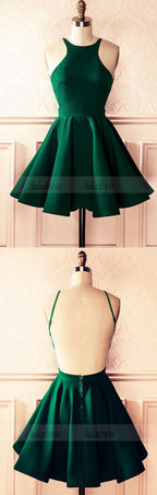 Emerald Green Satin A-line Halter Top Open Back Homecoming Dresses Short Prom Cocktail Dress