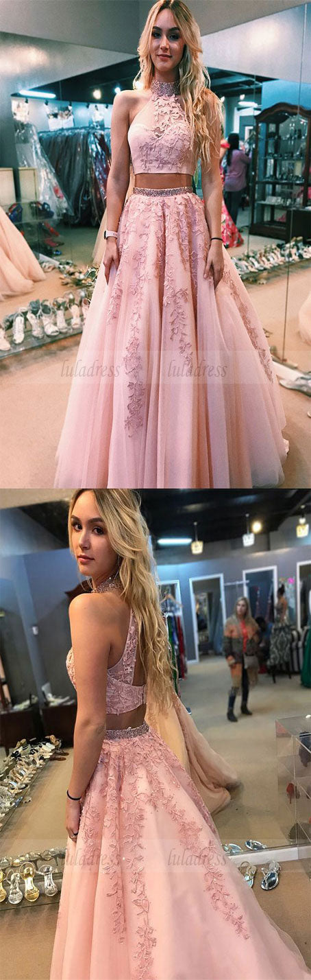 two piece  long prom dress,high neck long prom dress with open back