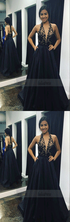 Backless Sexy A Line Long Satin Black Lace Evening Gown