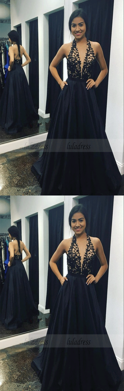 Backless Sexy A Line Long Satin Black Lace Evening Gown